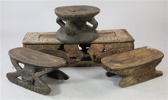 Sepik River carved wooden bench & three stools, various